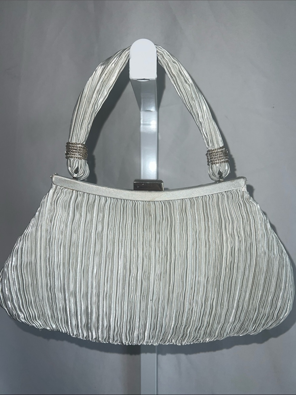 Elegant Ivory Pleated Satin Evening Handbag 1980s LA Regale